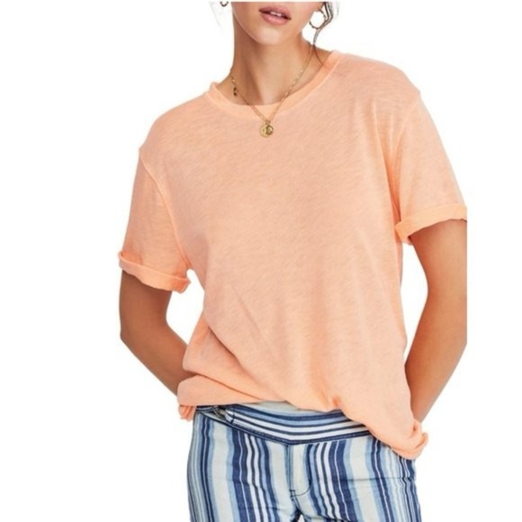 Free People tee We The Nina top tangerine Cactus Flower raw hem short sleeve - Picture 1 of 8